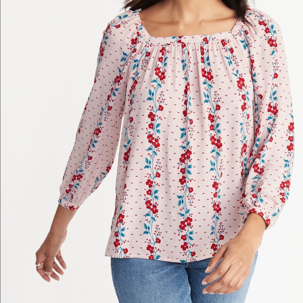Old Navy Pink Floral Square Neck Long Sleeve Blouse